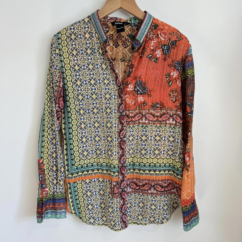 Desigual Multicolor Printed Button-Down Shirt with Orange Accents